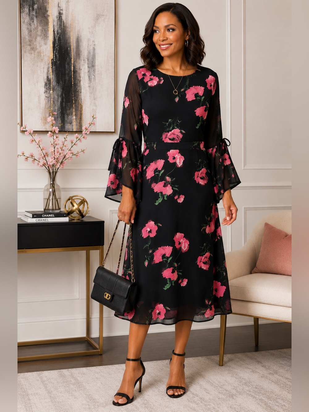 Nine West Black Floral Midi Dress with Pink Blooms